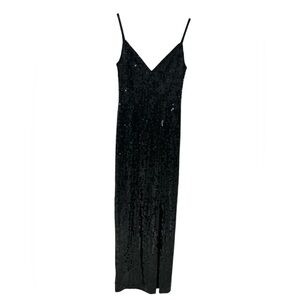 Vintage 90s Niteline Black Sequin Formal LBD Beaded V Neck Maxi Dress - Size 6